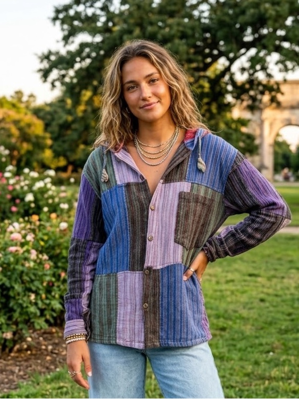 Shop Therapy Multicolor Striped Patchwork Hooded Button Shacket Shirt